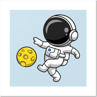 Cute Astronaut Playing Soccer Moon Cartoon Posters and Art